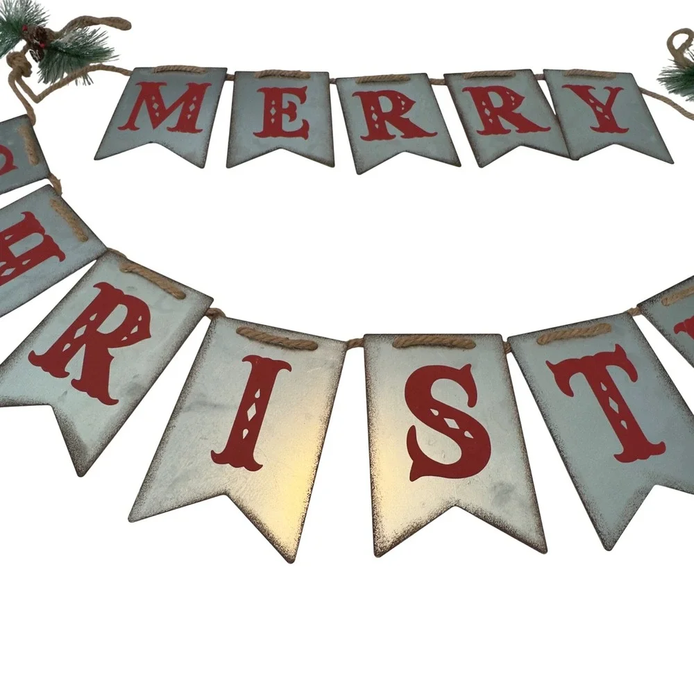 Merry Christmas Galvanized Metal Banner Rustic‎ Farmhouse Holiday Bunting 42in